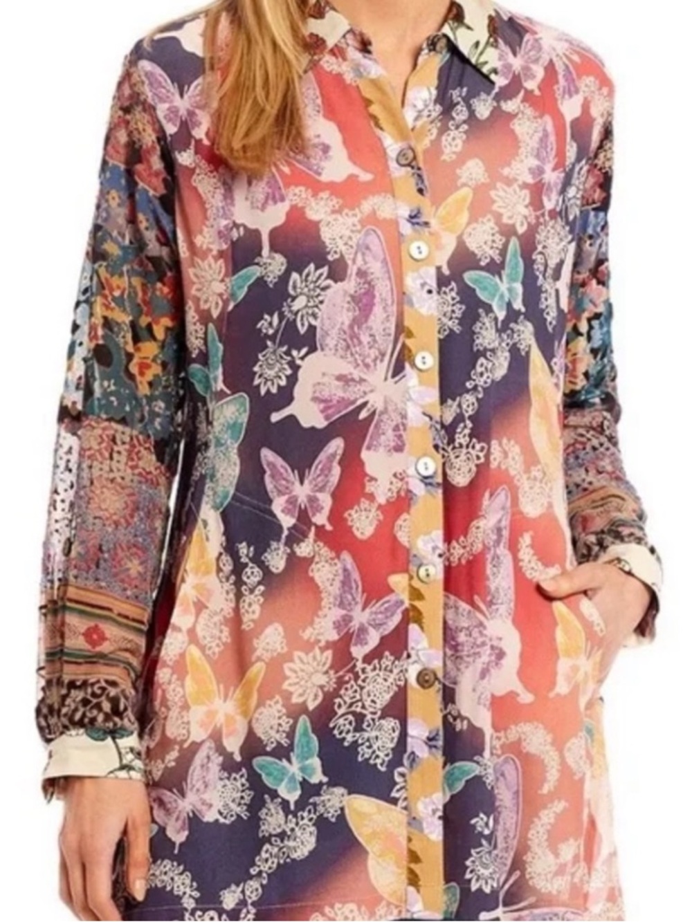 John Mark Women’s 1X Butterfly Velvet Burnout Mix Media Tunic Top Button Down